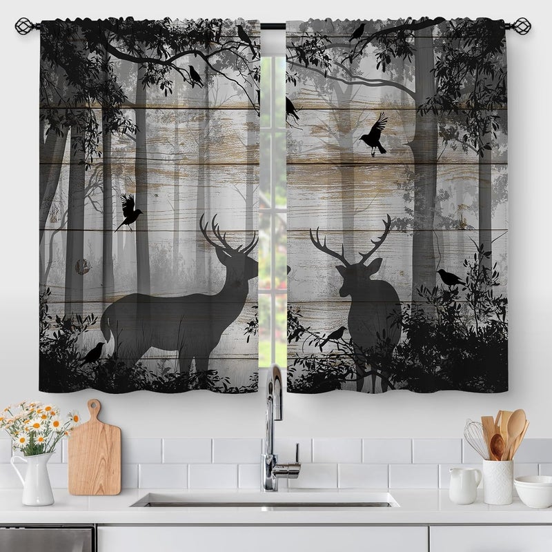 Aimego Deer Forest Kitchen Curtains - Hunting Vintage Small Short Cafe Tier Curtains Farmhouse Rustic Decor for Living Room Rod Pocket Window Drapes 36 Inch Length 2 Panels Set 28"x36" - Image 1